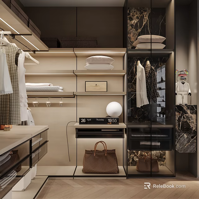 Modern Closet Interior Design With Clothes Bedding Bags And Marble 3d model 