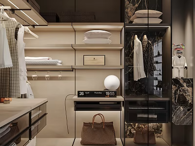 Modern Closet Interior Design With Clothes Bedding Bags And Marble 3d model