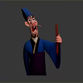 Cartoon Man Wearing Blue Hat With Exaggerated Open Mouth Holding Red Stick And Blue Purple Outfit