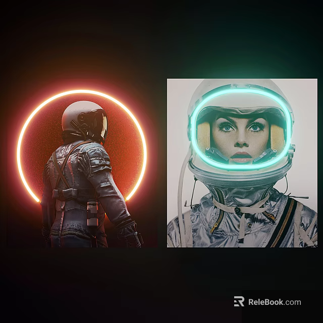 Astronaut In Spacesuit With Red Halo Back View And Green Front Helmet Design 3d model 