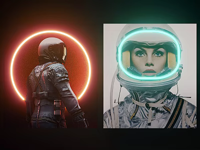 Astronaut In Spacesuit With Red Halo Back View And Green Front Helmet Design 3d model