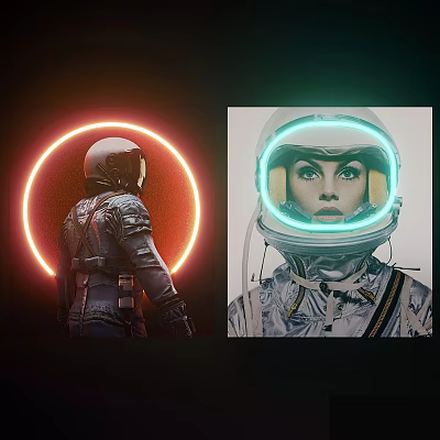 Astronaut In Spacesuit With Red Halo Back View And Green Front Helmet Design 3d model