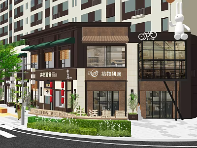 Modern Commercial Street With Stylish Storefronts Greenery And Shop Windows 3d model