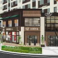 Modern Commercial Street With Stylish Storefronts Greenery And Shop Windows