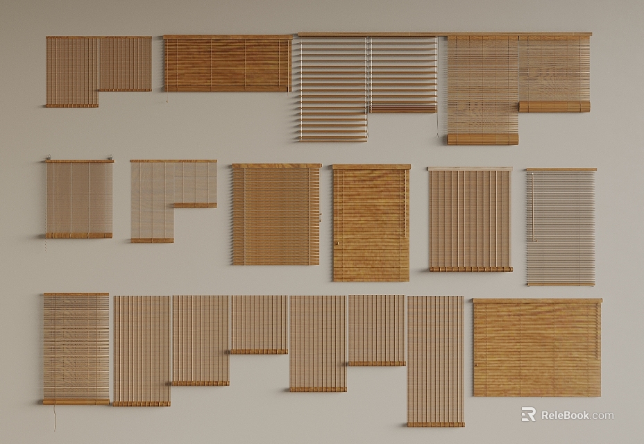 Various Window Blinds With Bamboo Wooden Materials And Different Design Styles 3d model 