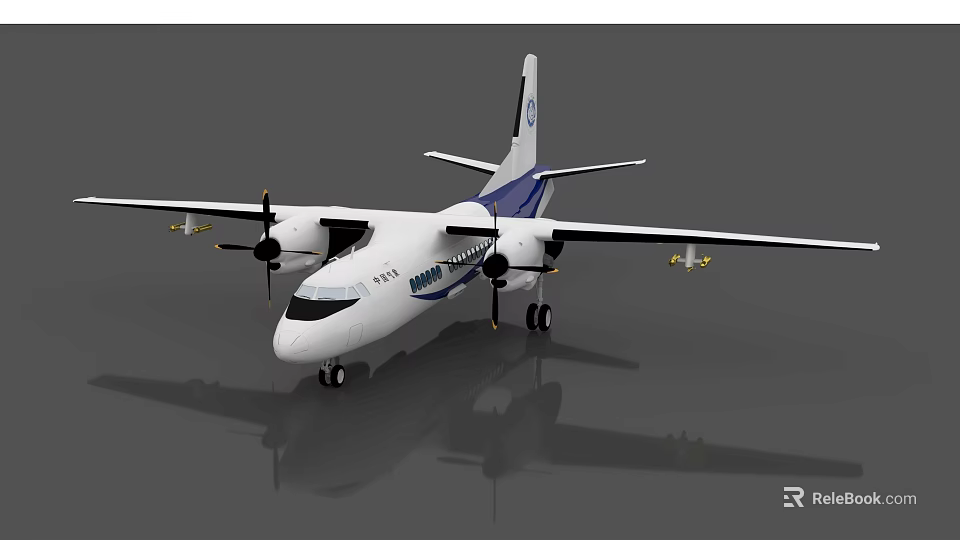 White and Blue Passenger Aircraft With Propeller Engines Marea Logo And Landing Gear 3d model 