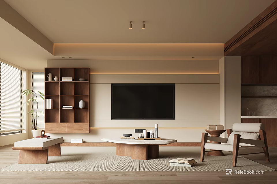 Modern Living Room Interior With Large TV Wall Wooden Bookshelf Coffee Table And Natural Light 3d model 