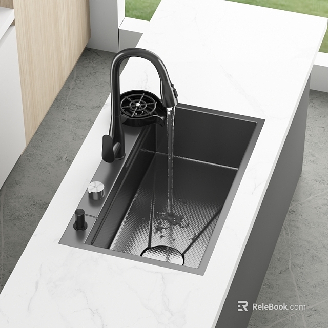 Modern Kitchen Stainless Steel Sink With Black Faucet Flowing Water On White Countertop 3d model 