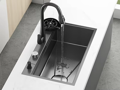 Modern Kitchen Stainless Steel Sink With Black Faucet Flowing Water On White Countertop 3d model
