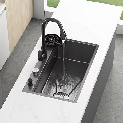 Modern Kitchen Stainless Steel Sink With Black Faucet Flowing Water On White Countertop 3d model