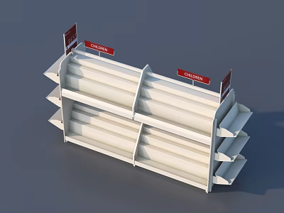 Multi Level Retail Display Shelves With Red Signage And Tiered Storage Design 3d model