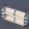 Multi Level Retail Display Shelves With Red Signage And Tiered Storage Design