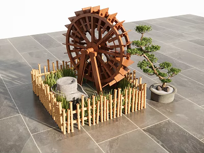 Rustic Courtyard Garden With Wooden Water Wheel Bamboo Fence Stone Mill And Potted Pine Tree 3d model
