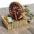Rustic Courtyard Garden With Wooden Water Wheel Bamboo Fence Stone Mill And Potted Pine Tree