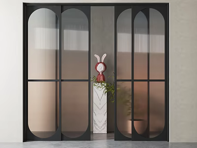 Modern Black Frame Sliding Doors With Arched Translucent Glass Rabbit Figurine Green Plant Vase 3d model