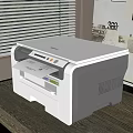 White Office Printer On Dark Desk Near Window With Blinds And Printing Paper