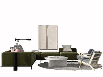 Modern Living Green Sofa and Coffee Table Set with Accent Chair Floor Lamp Abstract Painting 3d model