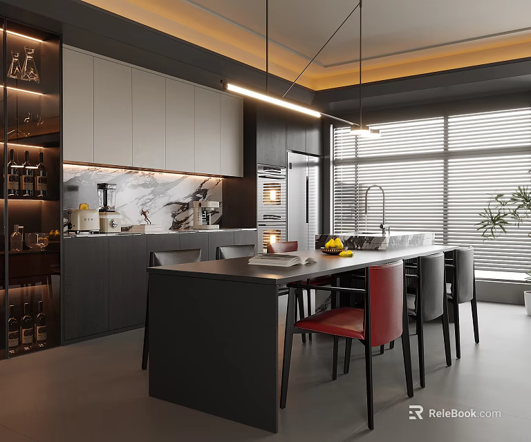 Modern Restaurant Kitchen Area With Marble Island Counter Cabinets Hanging Lights And Window Blinds 3d model 