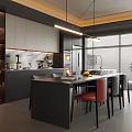 Modern Restaurant Kitchen Area With Marble Island Counter Cabinets Hanging Lights And Window Blinds