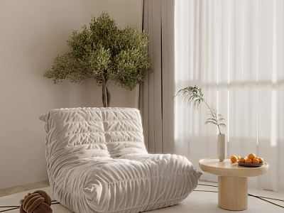 Cozy White Lazy Sofa Interior With Side Table Green Plants And Natural Light 3d model