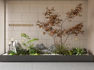 Ornamental Tree in Indoor Garden Landscape with Stone Accents and Foliage Plants 3d model