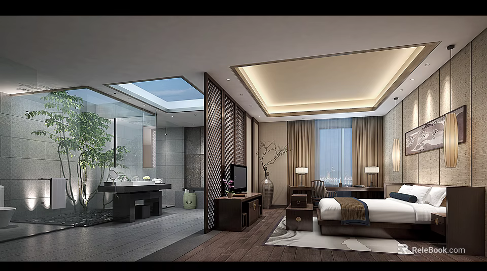 Elegant Modern Hotel Room Interior With King Bed Floor To Ceiling Windows And Decorative Screen 3d model 
