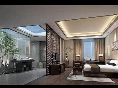 Elegant Modern Hotel Room Interior With King Bed Floor To Ceiling Windows And Decorative Screen 3d model