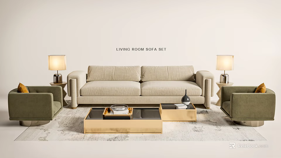 Modern Living Room Sofa Coffee Table Set Beige Upholstery Wooden Design With Side Chairs Lamps 3d model 