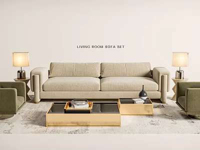 Modern Living Room Sofa Coffee Table Set Beige Upholstery Wooden Design With Side Chairs Lamps 3d model