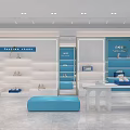 Modern Shoe Store Interior With Blue And White Shelves Display Counter And Plants