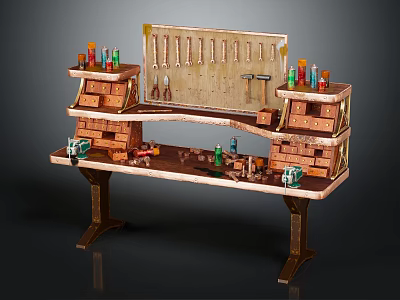 Wooden and Metal Workbench with Multiple Drawers and Shelves Tools and Paint Bottles 3d model