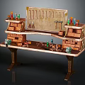 Wooden and Metal Workbench with Multiple Drawers and Shelves Tools and Paint Bottles