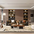 Modern Living Dining Room With Brown Bookshelves Sofa Coffee Table And Area Rug