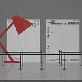 Modern Interactive Area Featuring Red Desk Lamp Display Boards And Black Barriers