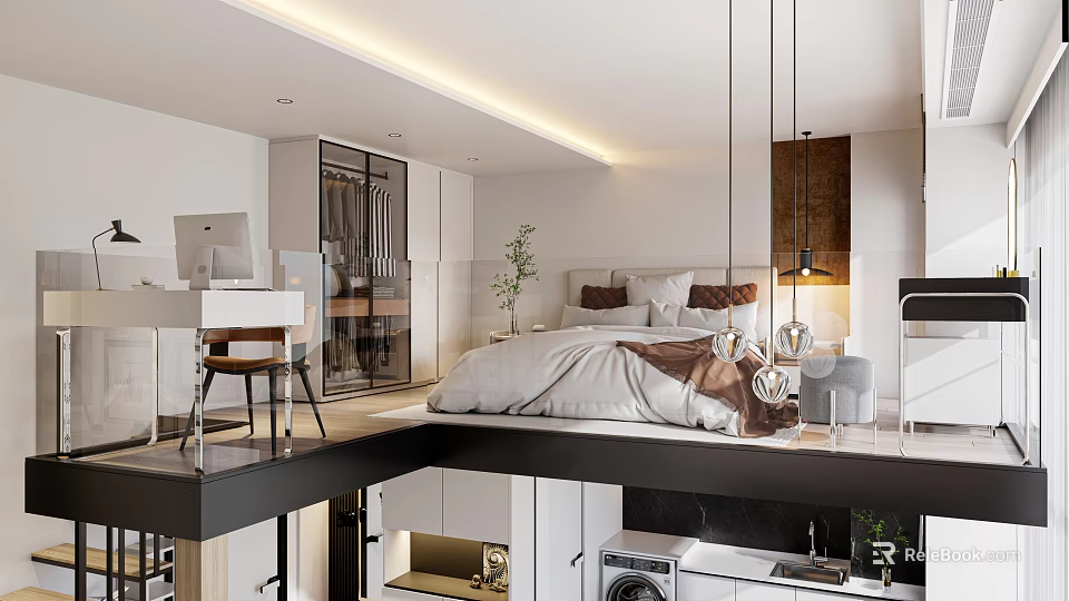 Modern Loft Apartment Interior With Bed Workspace And Open Space 3d model 