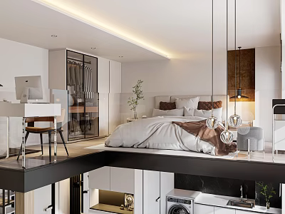 Modern Loft Apartment Interior With Bed Workspace And Open Space 3d model