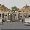 Outdoor Table With Thatched Roof Wooden Fence And Trees In Garden