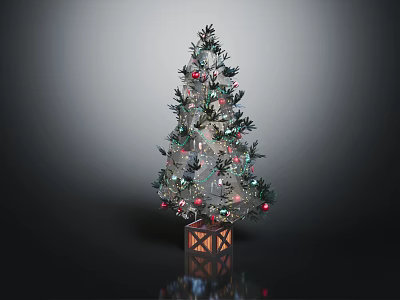 Decorated Christmas Tree With Colorful Lights Ornaments And Gift Box Base 3d model