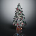Decorated Christmas Tree With Colorful Lights Ornaments And Gift Box Base