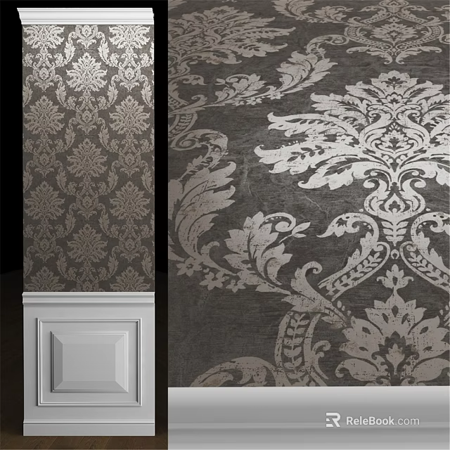 Classic Decorative Components with Gray Patterned Wallpaper and White Baseboard Trim 3d model 