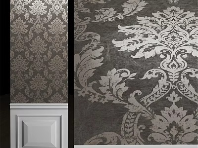 Classic Decorative Components with Gray Patterned Wallpaper and White Baseboard Trim 3d model
