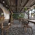 Rustic Restaurant Interior With Wooden Ceiling Hanging Vines And Stone Paved Floor 3d model