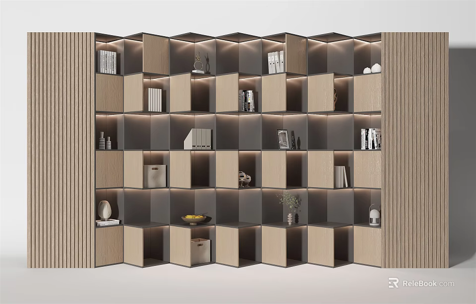Modern Wooden Decorative Cabinet With Geometric Shelves And Decor Items 3d model 