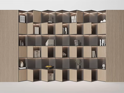 Modern Wooden Decorative Cabinet With Geometric Shelves And Decor Items 3d model