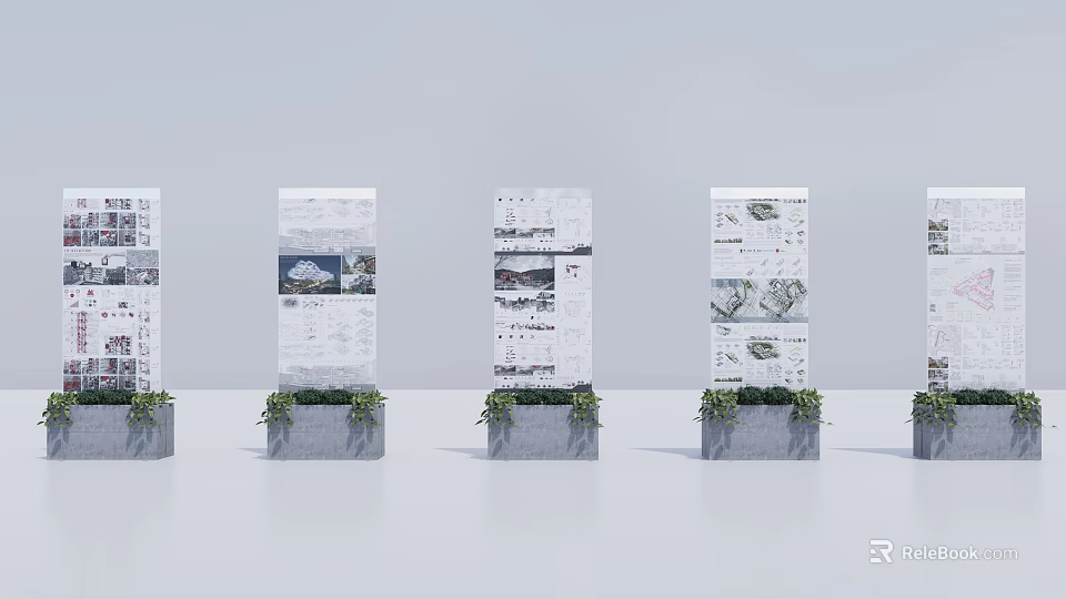 Interactive Zone With Five Display Boards Featuring Design Drawings Images Green Plants White Background 3d model 