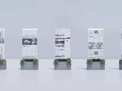 Interactive Zone With Five Display Boards Featuring Design Drawings Images Green Plants White Background 3d model
