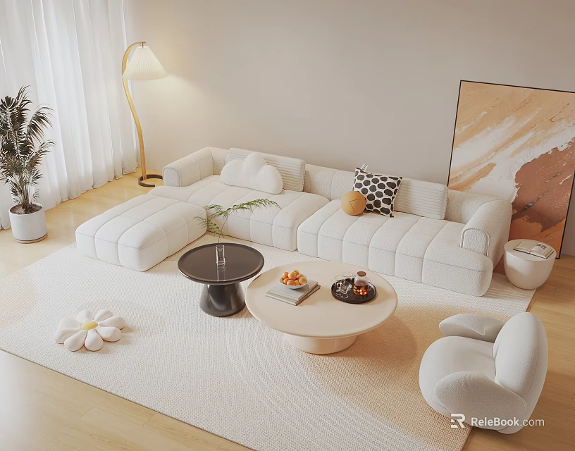 White Sectional Sofa Coffee Table Set With Potted Plant Floor Lamp And Abstract Wall Art 3d model 