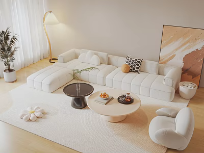 White Sectional Sofa Coffee Table Set With Potted Plant Floor Lamp And Abstract Wall Art 3d model