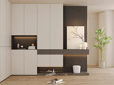 Modern Shoe Cabinet Design With White Dark Storage Open Shelves And Potted Plant 3d model