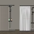 Modern Bathroom Shower Area With Beige White Curtains Black Heads And Bath Products